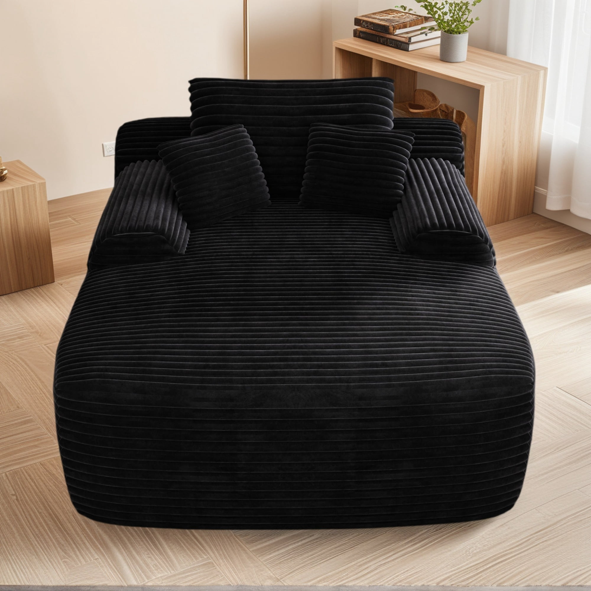 Leumius Oversized Chaise Lounge Chair Indoor, Cozy Boneless Sleeper Sofa Bed with Wide Armrest & Throw Pillows for Living Room,Bedroom,No Assembly Required,Black(Plush)