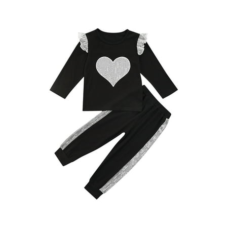 

Fiomva Streetwear Outfits Toddler Girls Sequin Round Neck Pullover Color Block Pants Black 3-4 Years