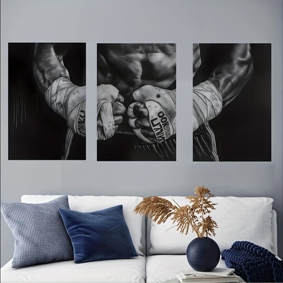 3pcs Black Boxing Canvas Art Set - Frameless Wall Decor for Living Room & Bedroom, DIY Posters with Letter Print Design, Perfect Gift for Art Lovers