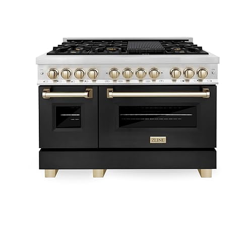 ZLINE Autograph Edition 48 in. 6.0 cu. ft. Legacy Dual Fuel Range with 7 Burner Gas Cooktop and 2 Electric Ovens in Stainless Steel with Black Matte Doors and Polished Gold Accents (RAZ-BLM-48-G)