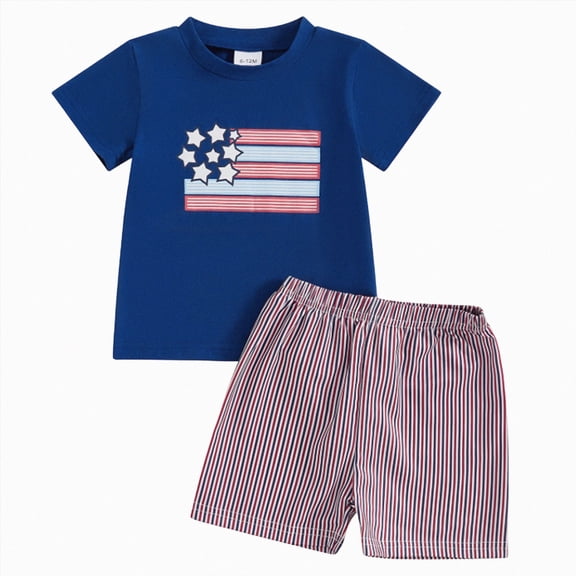 NOLDARES Independence Day Toddler Boy Outfit Short Sleeve Round Neck Tee Pull-on Shorts 2Pcs Set USA Flag Embroidery(Blue,2-3 Y)