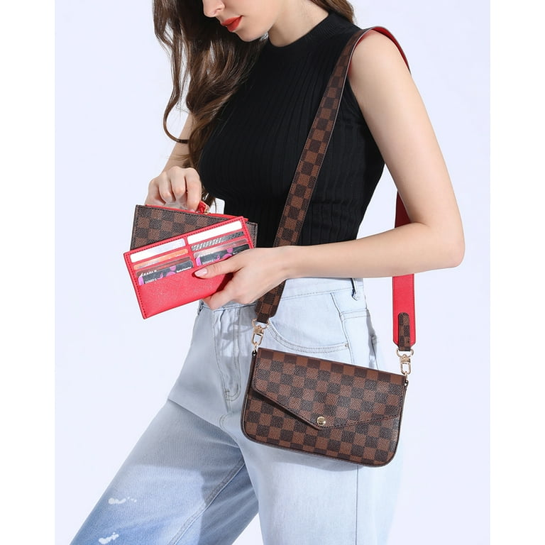 MK Gdledy Checkered Tote Shoulder Purse 3pcs set Handbags Bag with 2 inner  pouch PU Vegan Leather 