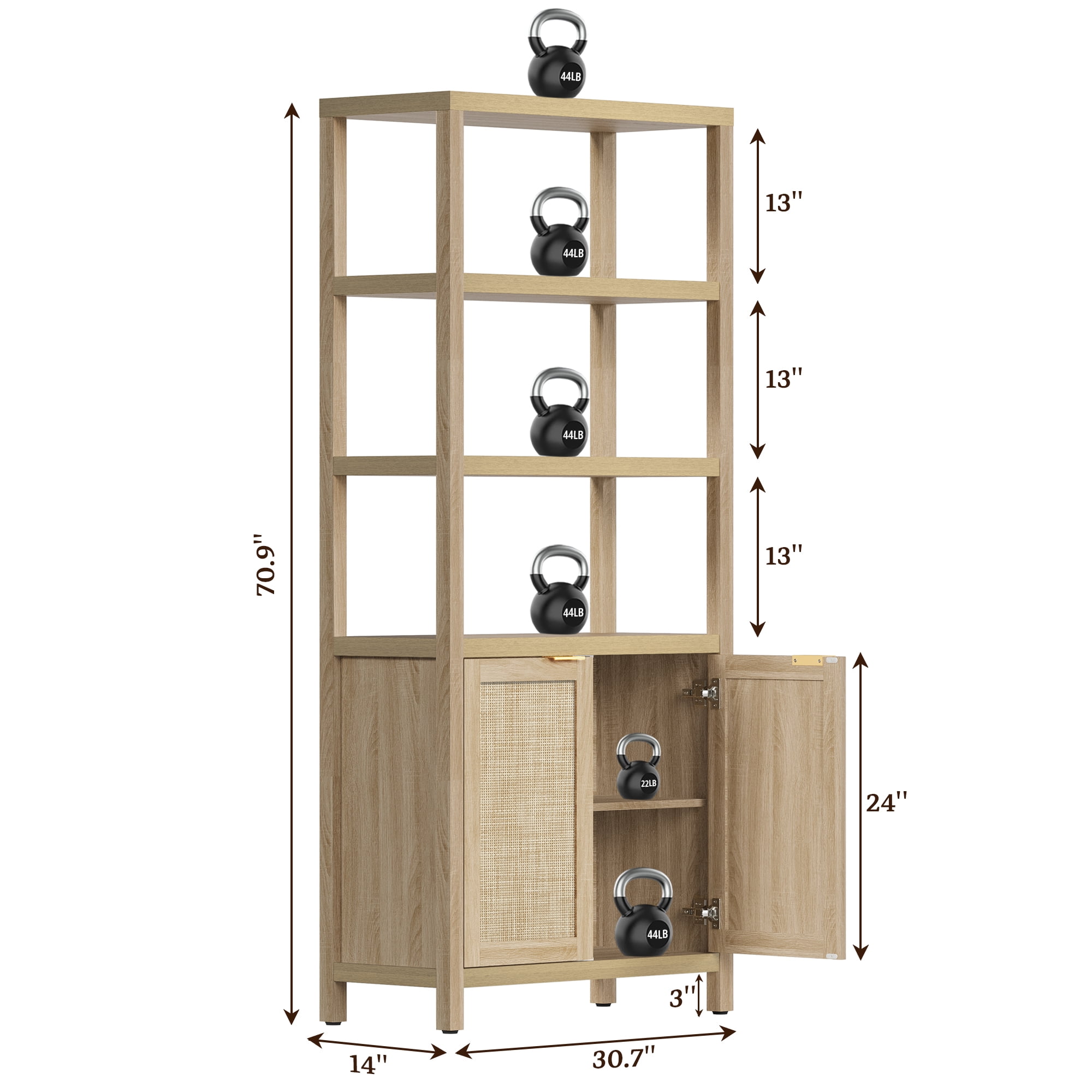 SICOTAS 71" Tall Bookcase with Doors, Boho 5 Tier Rattan Bookshelf Set of 3, Mid-Century Bookcase with Storage Cabinet for Living Room, Bedroom, Library & Home Office in Light Oak
