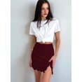 thumbnail image 5 of Women'S Satin Lace Trim High Waist Split Hem Bodycon Mini Short Skirt Wine Red L, 5 of 9