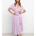thumbnail image 6 of Wycnly Formal Dresses for Women Casual Ruffle Sleeve Tie Waist Loose Swing A Line Sundress V-Neck Short Sleeve Solid 2024 Summer Long Dress Purple XL, 6 of 6