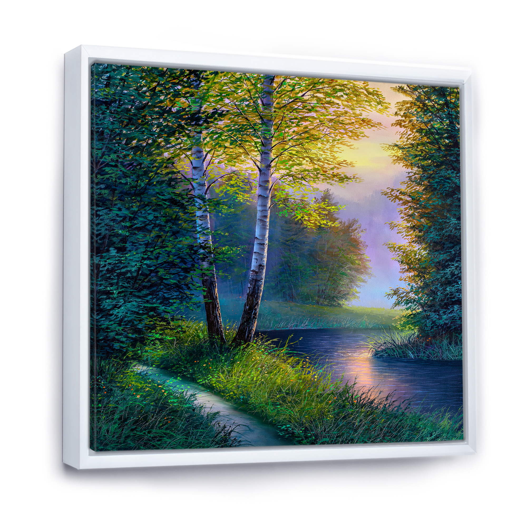 Designart 'Sunrise Glow Through The Birch Forest' Lake House Framed Canvas Wall Art Print