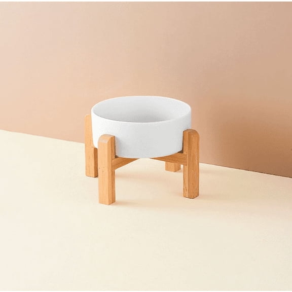 Ceramic Elevated Raised Cat Bowl with Wood Stand No Spill Pet Food Water Feeder Cats Small Dogs