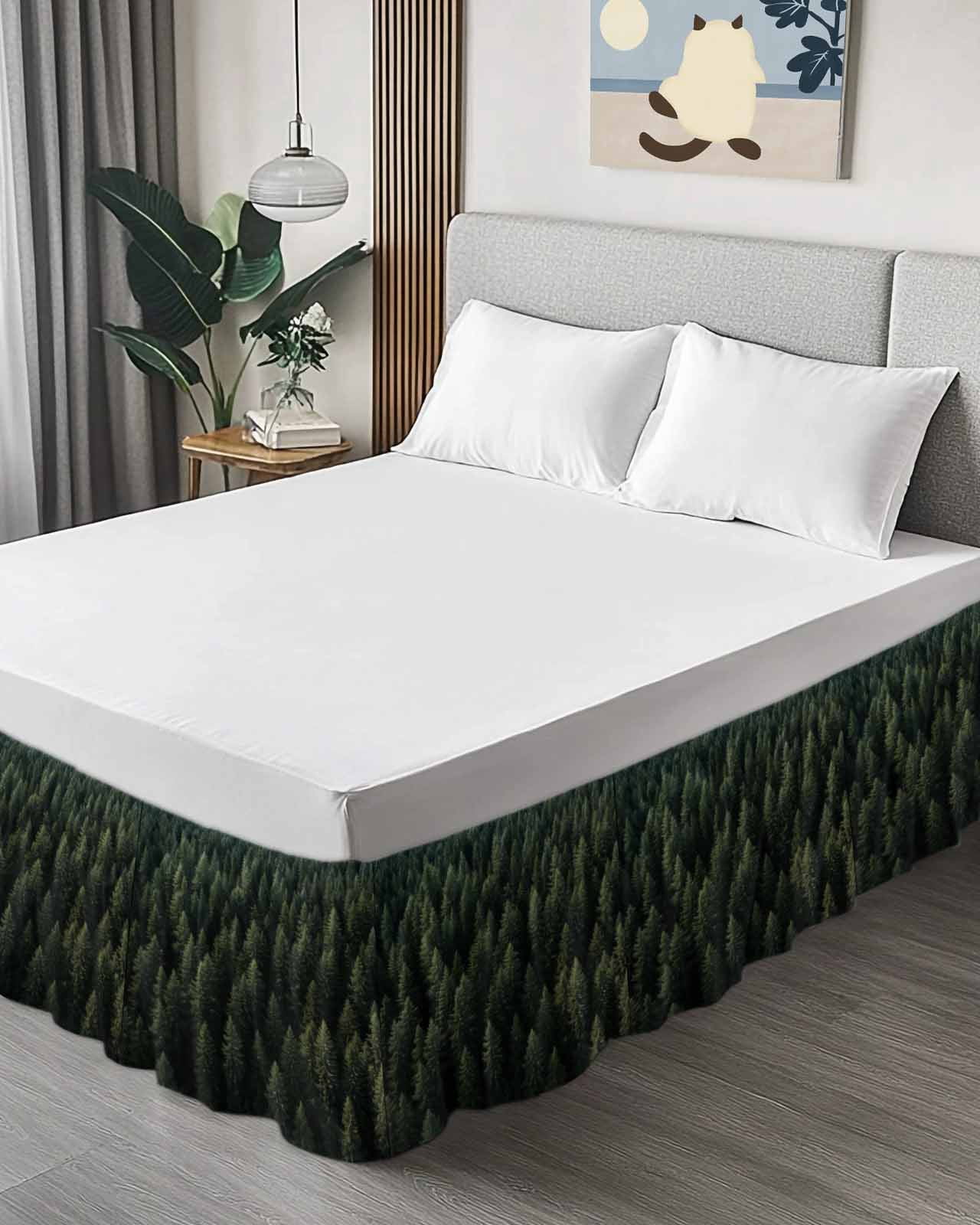 Dark Green Forest Wrap Around Bed Skirts for King Bed 16" Drop,Bed Skirt with Adjustable Elastic Belt Dust Ruffle Bed Valance for Bedroom Hotel Luxury Pine Trees Modern Mysterious Art Bed Frame Cover