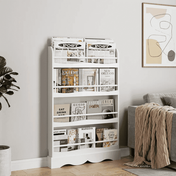 Homfa 4-Tier Kids Bookshelf, Wall-Mounted Bookcase Rack, White Wooden Storage Organizer for Children Bedroom Living Room Playroom Nursery