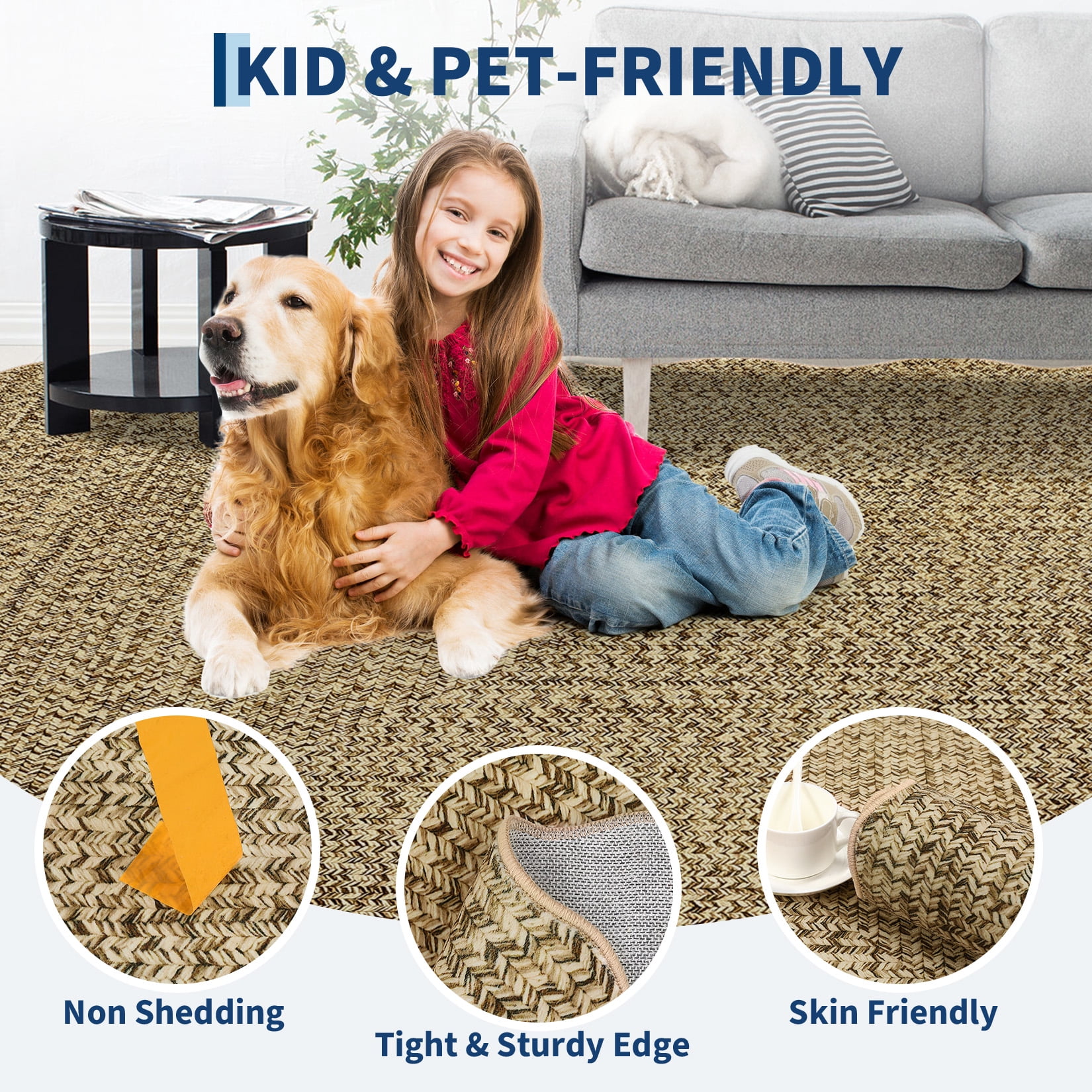 COZONY Scalloped Washable Area Rug 4x6, Non-Slip Low Pile Farmhouse Carpet for Nursery, Kids Room, Dining Room and Bedroom, Beige
