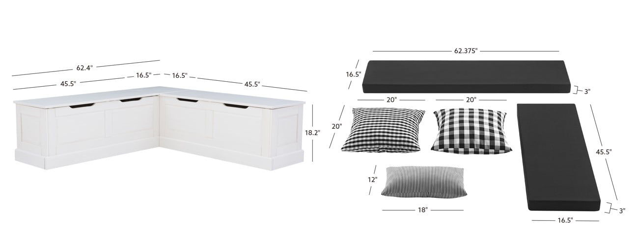 Linon Romero Backless Corner Nook with Storage, 5-Piece Cushion Set, White/Black Stripe