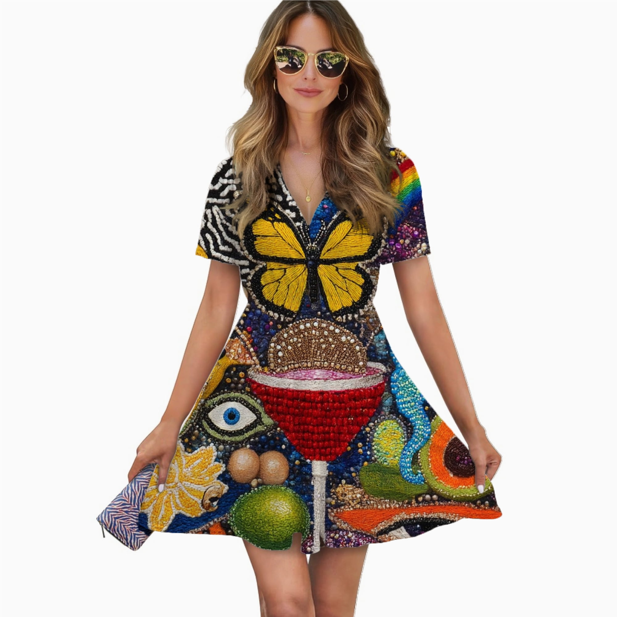 Beaded Fruit Cocktail Vibrant Art Women Dress V-Neck Short Sleeve Flowy Swing Party Midi Dress - Walmart.com Beaded Fruit Cocktail Vibrant Art Women Dress V-Neck Short Sleeve Flowy Swing Party Midi Dress - Walmart.com