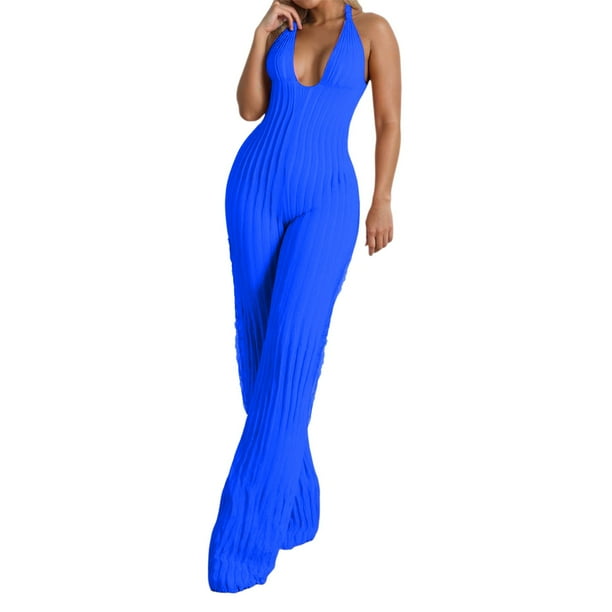 Mono largo de verano con cuello en V y pliegues para mujer - Diseño sexy sin espalda, poliéster ligero, para el trabajo, fiestas y uso diario
