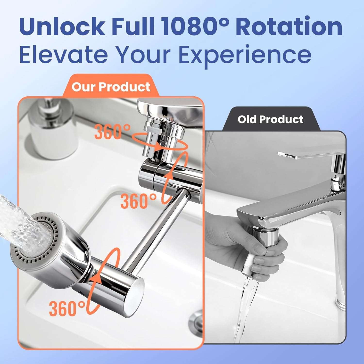 Faucet Extender, 1080° Swivel Faucet Extender with 2 Spray Modes Sink Faucet Aerator with 3 Adapters (M22/M20/M24) Rotating Faucet Attachment for Bathroom & Kitchen Splash-Free Easy Install