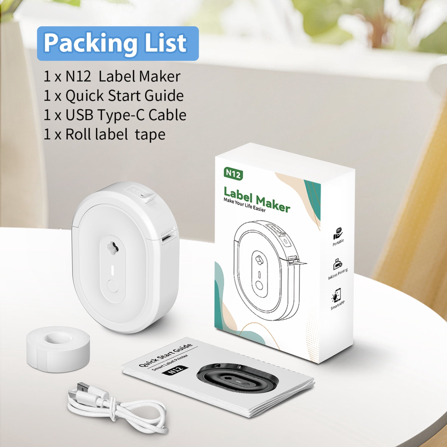 HKHKPI Label Maker Machine With Tape, Wireless Bluetooth Label Printer, Mini Labeler for School Home Office Organization, White