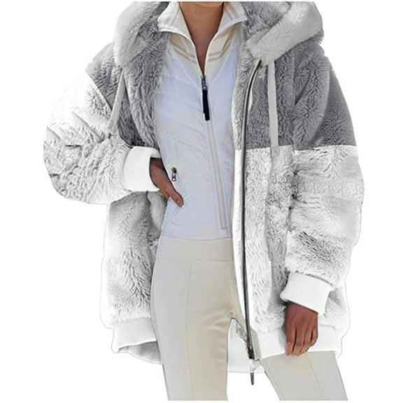 Summer Savings Clearance! yoeyez Winter Shacket Coat for Women ,Thick Fleece Warm Overcoat Outerwear Hooded Sherpa Jacket Lapel Faux Fur Outerwear