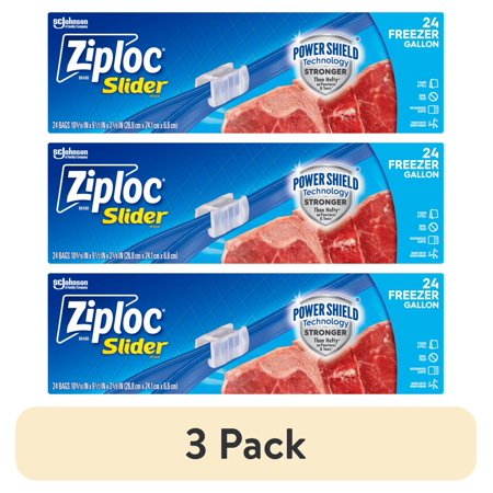 (3 pack) Ziploc Freezer Bags, Gallon Size Reusable Slider Bags, Power Shield Technology, 24 Count