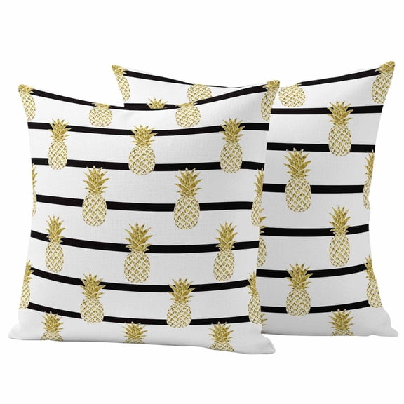 Outdoor Waterproof Pillow Covers Summer Gold Pineapple Black White Stripes Decorative Throw Pillow Protectors,Pillowcase Cushion Cases for Patio Sofa Garden Couch,16x16in,Pack of 2