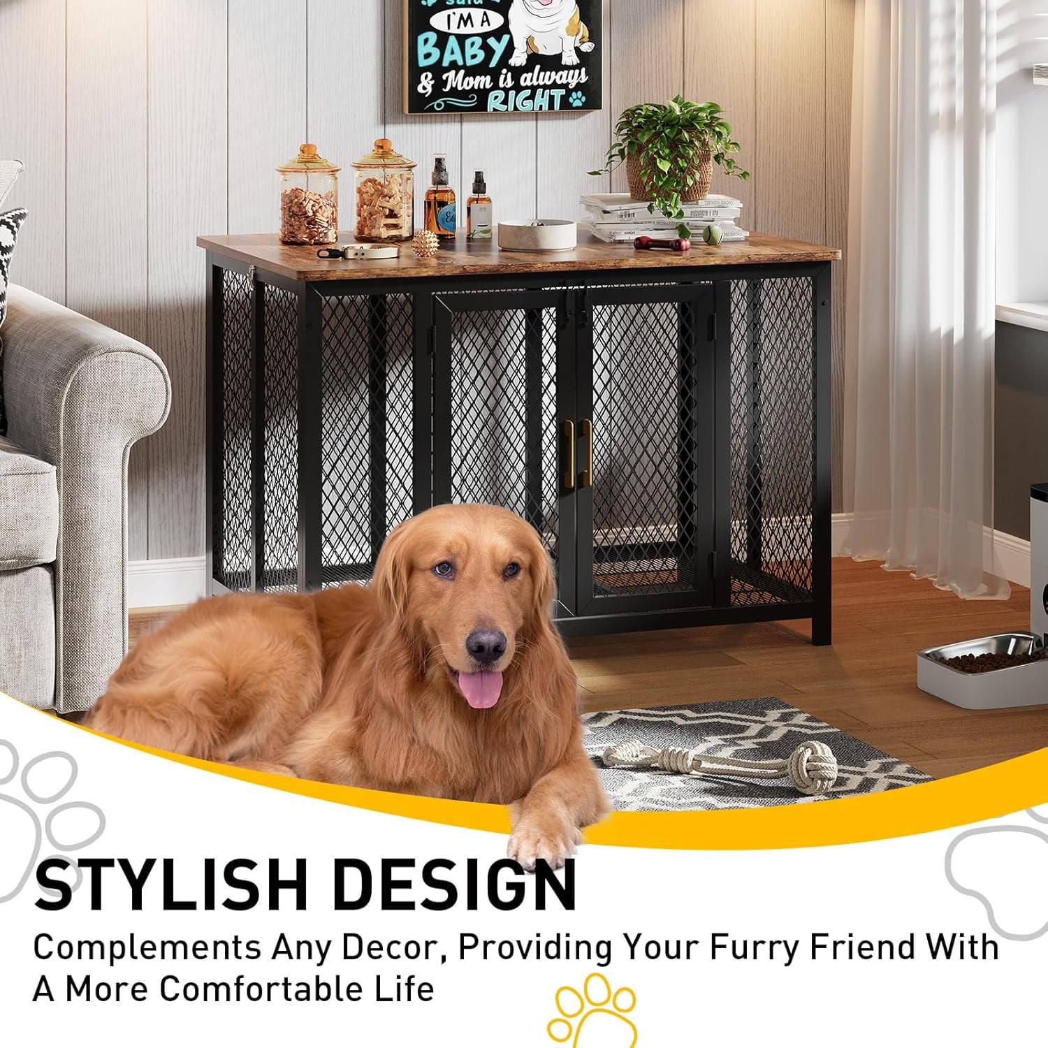 Juiluna 48 Inch Large Dog Crate Furniture with Top Access Door, Heavy Duty Dog Crate Wooden Indoor Decorate Pet Cage, Indestructible Pet Dog Cage for Medium to Large Dogs