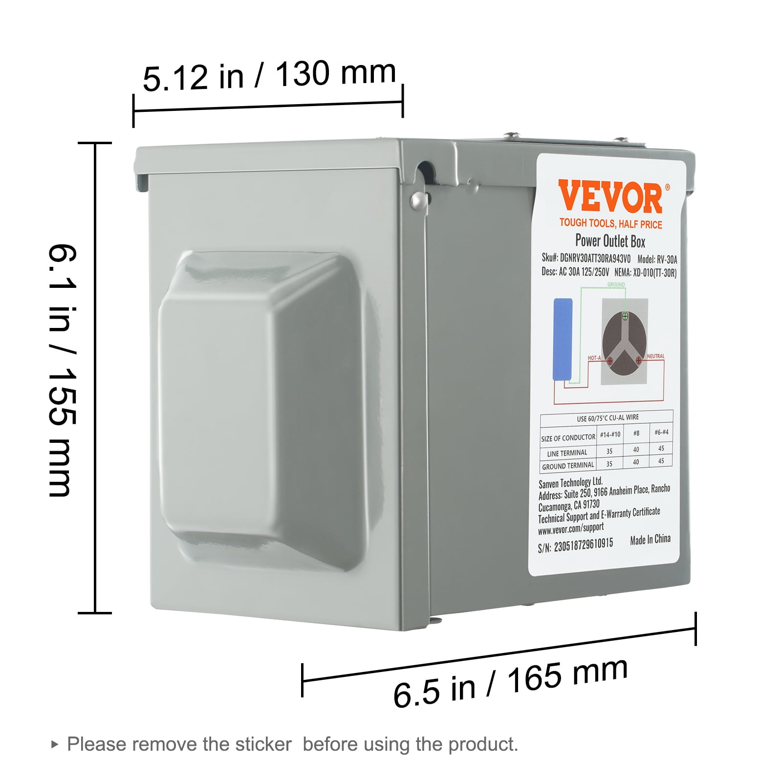 VEVOR 30 Amp RV Power Outlet Box, 125/250 Volt, Enclosed Lockable Outdoor RV Receptacle Box, NEMA TT-30R Weatherproof Electrical Panel, for RV Camper Trailer Motorhome Tested toStandards