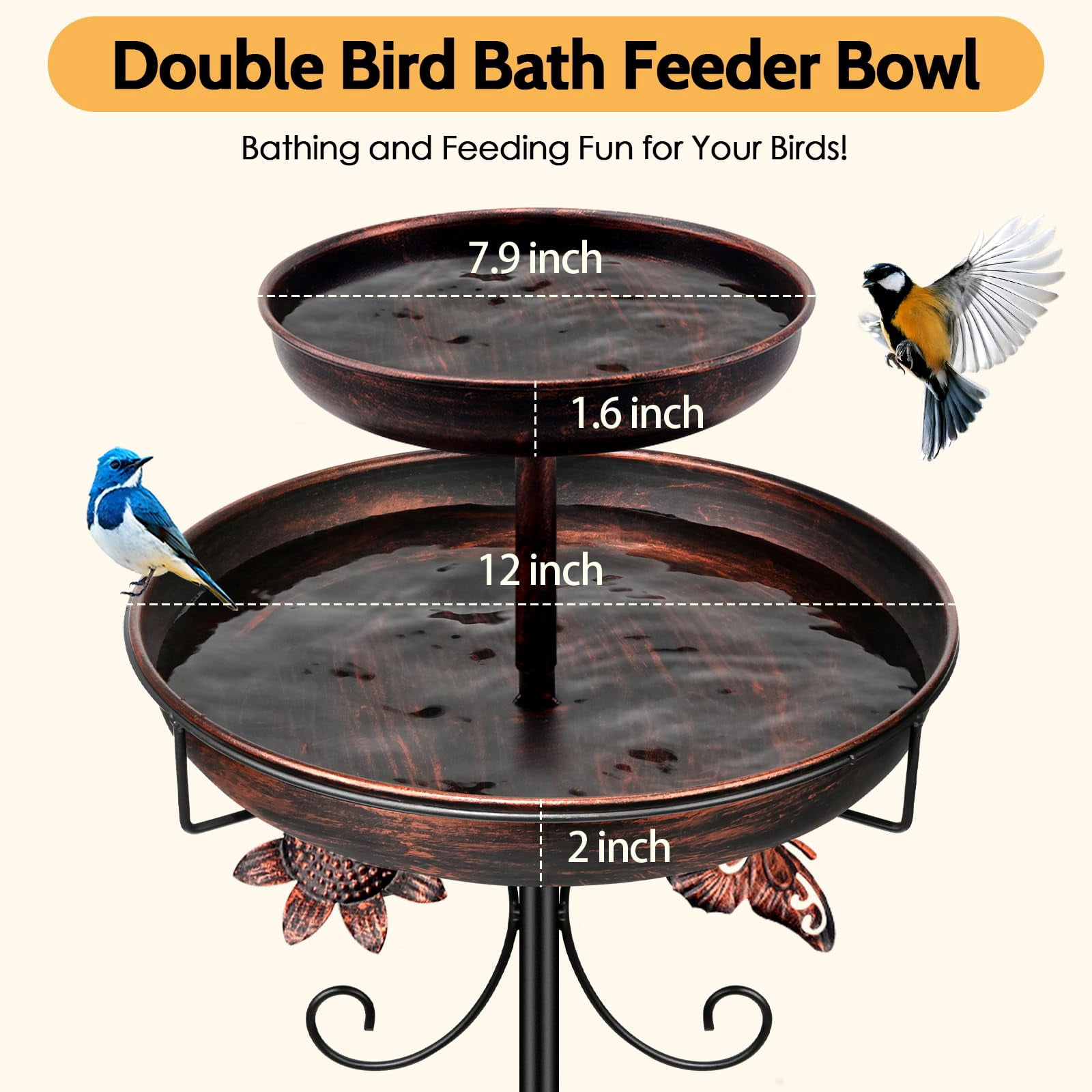 Bird Bath for Outside, 45In Vintage Freestanding Birdbaths for Outdoors, Double Metal Bird Bath Feeder Bowls for Garden Patio Yard Lawn Decor