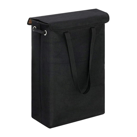 KQJQS Slim Laundry Basket with Lid, Tall Thin Laundry Hamper with Handles, Waterproof Lining Narrow Dirty Clothes Hamper for Bathroom Bedroom Dorm Organization Storage, 45L Black