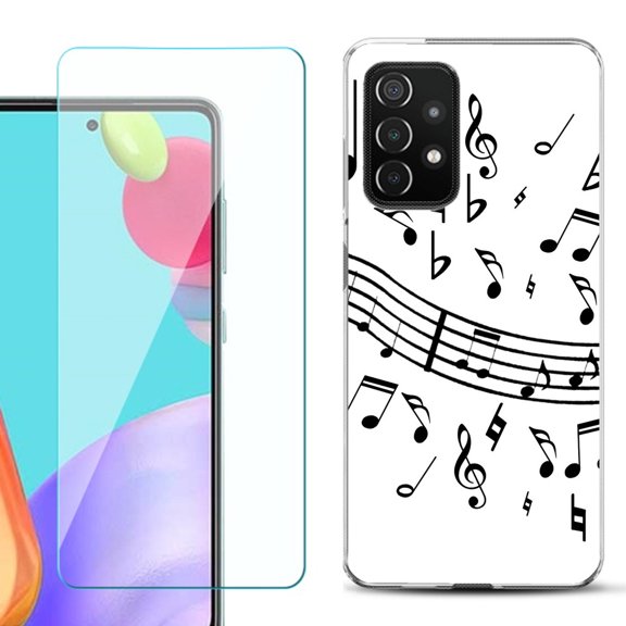 Slim-Fit Flexible Gel TPU Phone Case compatible with Samsung Galaxy A52 5G, with Tempered Glass Screen Protector, by OneToughShield ® - Music Notes / White