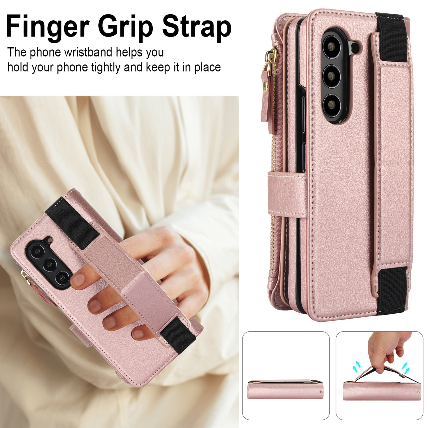 Allytechgroup for Samsung Galaxy Z Fold 7 Case Wallet, 7 Cards Slots Cash Zipper Pocket S Pen Holder Hand Strap Wrist Flip Cover Protective Phone Case for Samsung Galaxy Z Fold 7,Rosegold