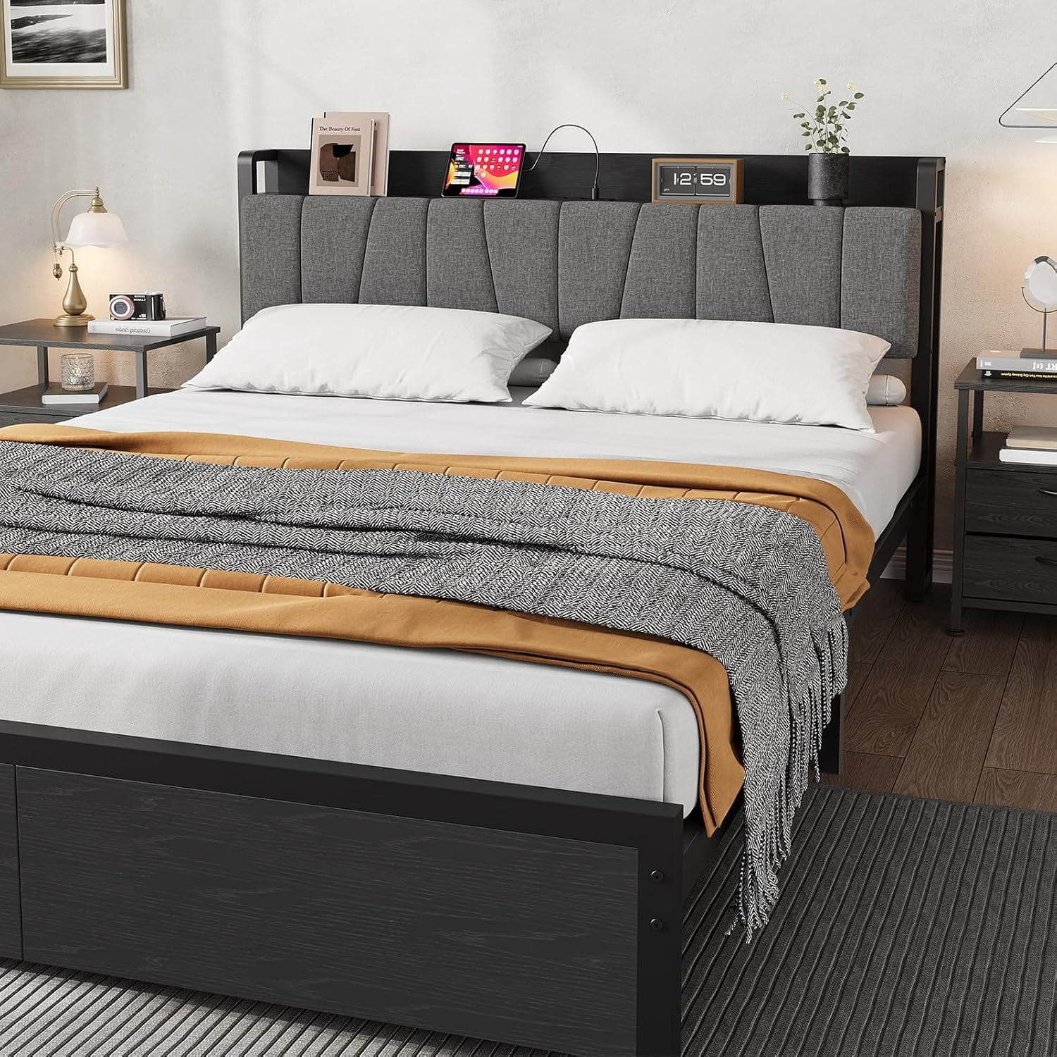 Yesurprise King Size Bed Frame with Storage Headboard, Industrial Full Platform Bed with 2 Large Drawers and Charging Station, No Box Spring Needed Noise Free