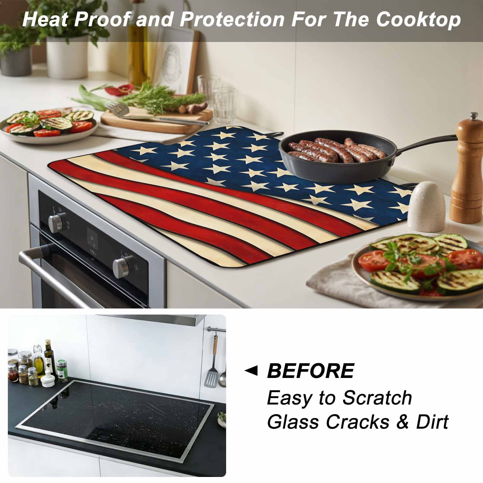 Vintage American Flag Stove Top Cover for Electric Stove, Heat-proof & Non Slip Glass Top Stove Cover Protector, Red Beige Waves Kitchen Flat Cooktop Rubber Mat 24x21 Inches