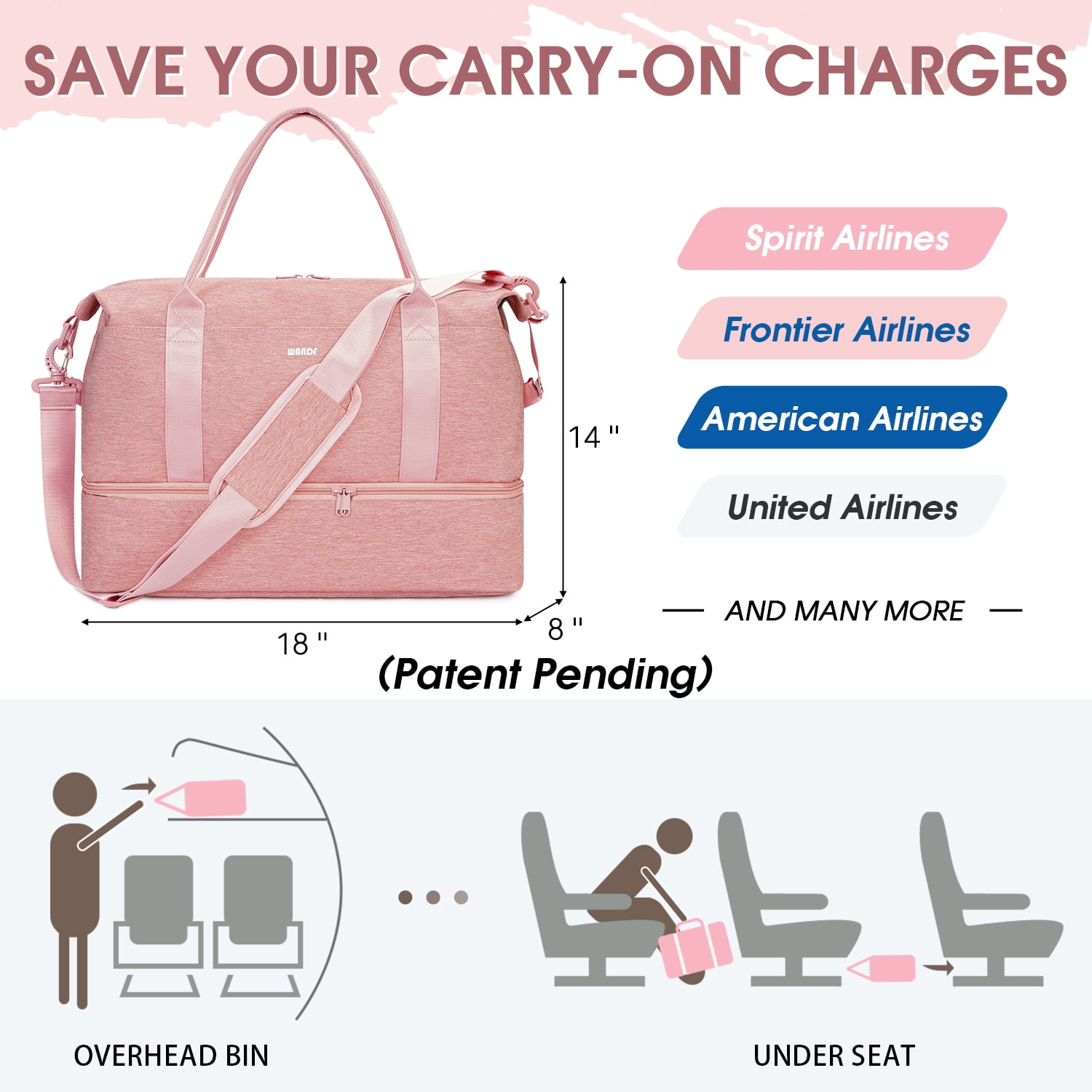 WANDF Business Travel Bag with Shoe Compartment,Gym Bag with Strip Wet Pocket for Women Ladies,TSA Carry on Personal Item Bag 18x14x8,Large Tote Bag with USB Charging Port(Pink Bag)
