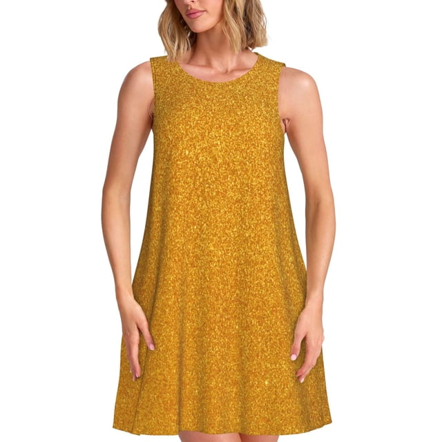 Fotbe Gold Glitter Vestido de Verano sin Mangas para Mujer – Vestido Midi Línea A, Estilo Camiseta Floral, Vestido Playero Casual y Fluido