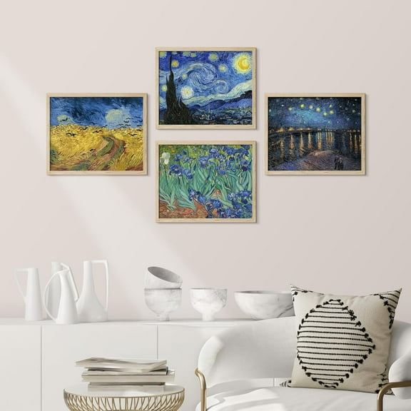 PixonSign Framed Wall Art Pastel Ocean Seascape Posters, Set of 4 Nautical Horizons Nature Wilderness Illustrations Wall Decor, Adhesive Canvas Prints for Home Decor - 8"x10" Natural