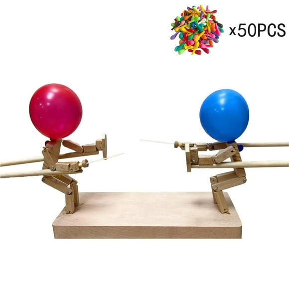 Jeu de Bataille de Ballons à 2 Joueurs avec Homme en Bambou - Jeu de Ballons Boom Boom, Ensemble de Marionnettes d'Escrime en Bois Faites à la Main pour des Batailles de Ballons Excitantes, Jeu de Fête Rapide pour Enfants et Adultes (avec 50 Ballons)