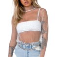 thumbnail image 1 of HAHDAXIA Lace See Through Crop Top Pearl Rhinestone Long Sleeve Tops Slim Fitted Tee Y2k Fairycore Cover Ups Shirt, 1 of 5