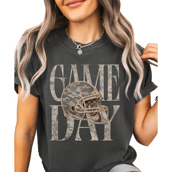 Game Day Camo Football Helmet Shirt for Men Women & Teens Distressed Ink-Printed Comfort Colors Tee - Pepper Shirt, Medium
