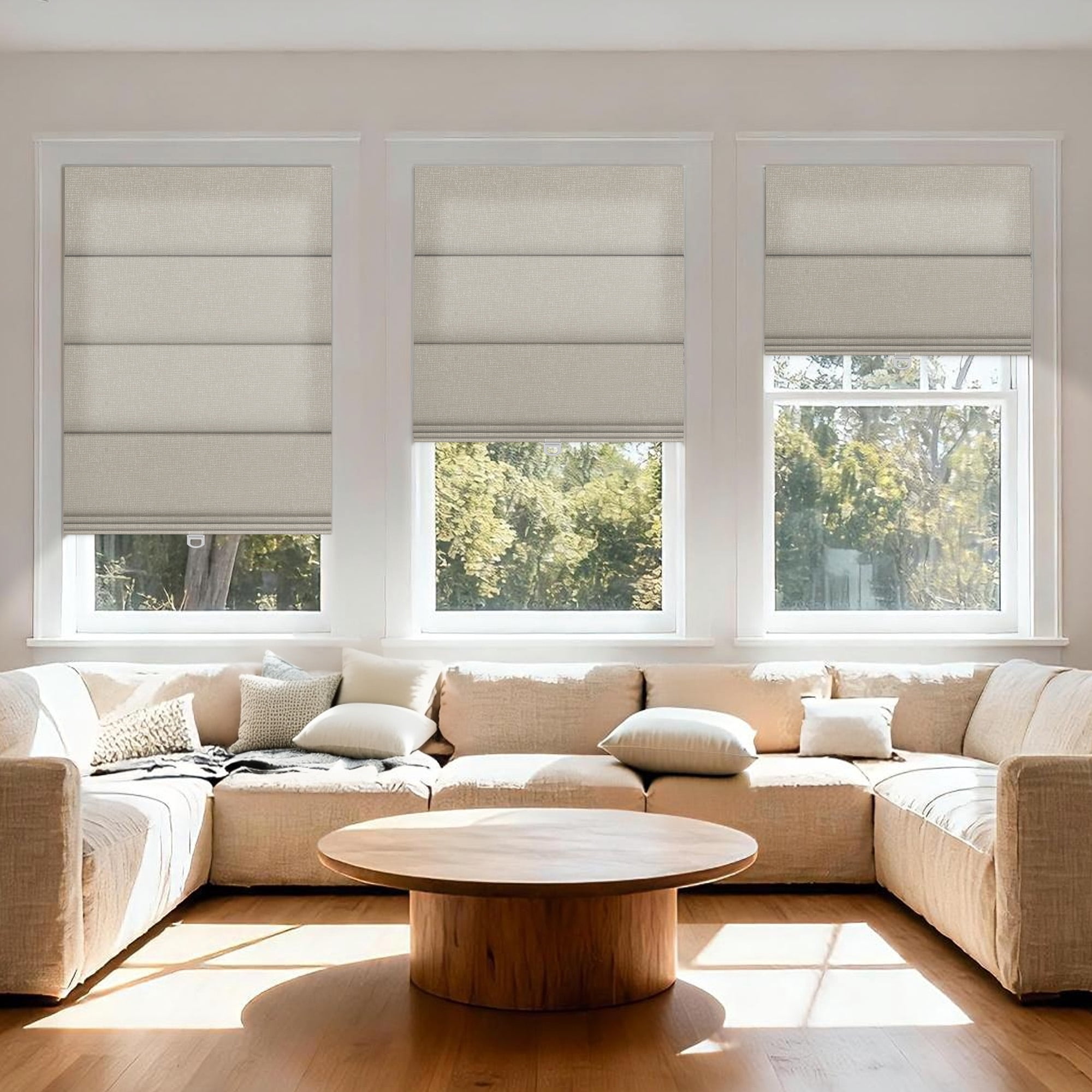 BERISSA No Drill No Tools Blackout Roman Shades for Indoor Windows Cordless, Tension Roman Blinds,Pull Down Window Shades for Home Office Easy to Install,70% Blackout Beige, ,34"W X 72"H