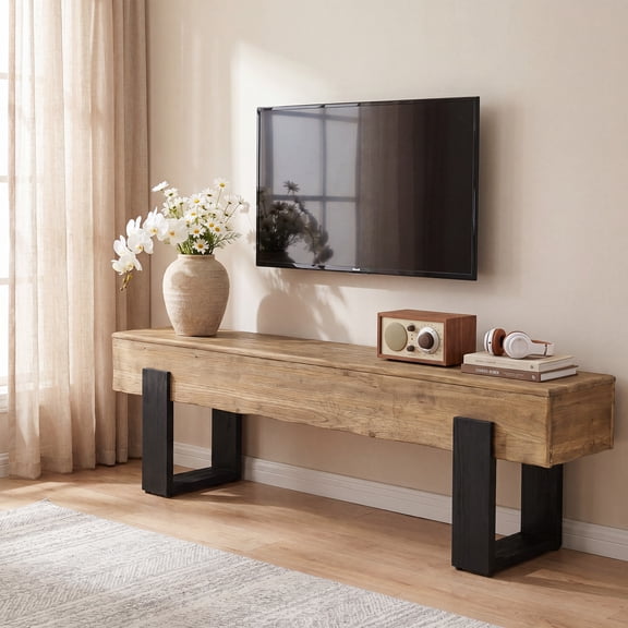 Finmind 63" Solid Wood TV Stand for 55/65/70-Inch TVs, Farmhouse Media TV Console Table with Sturdy Legs, Brown & Black