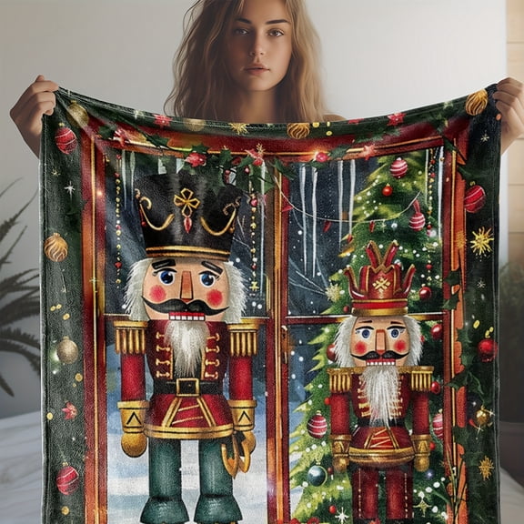 Cozy Flannel Throw Blanket with Nutcracker & Christmas Tree Design - Soft, Warm, and Versatile for Couch, Bed, Car, Office, Camping