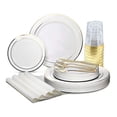 thumbnail image 2 of OCCASIONS 200pcs set (25 Guests)-Heavyweight Wedding Party Disposable Plastic Plate Set -25 x 10.5'' + 25 x 7.5'' + Silverware + Cups +linen like paper Napkins (White & Gold Rim), 2 of 4