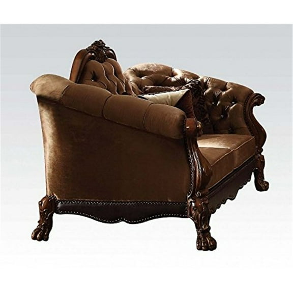 ACME Dresden Loveseat w/5 Pillows, Golden Brown Velvet & Cherry Oak