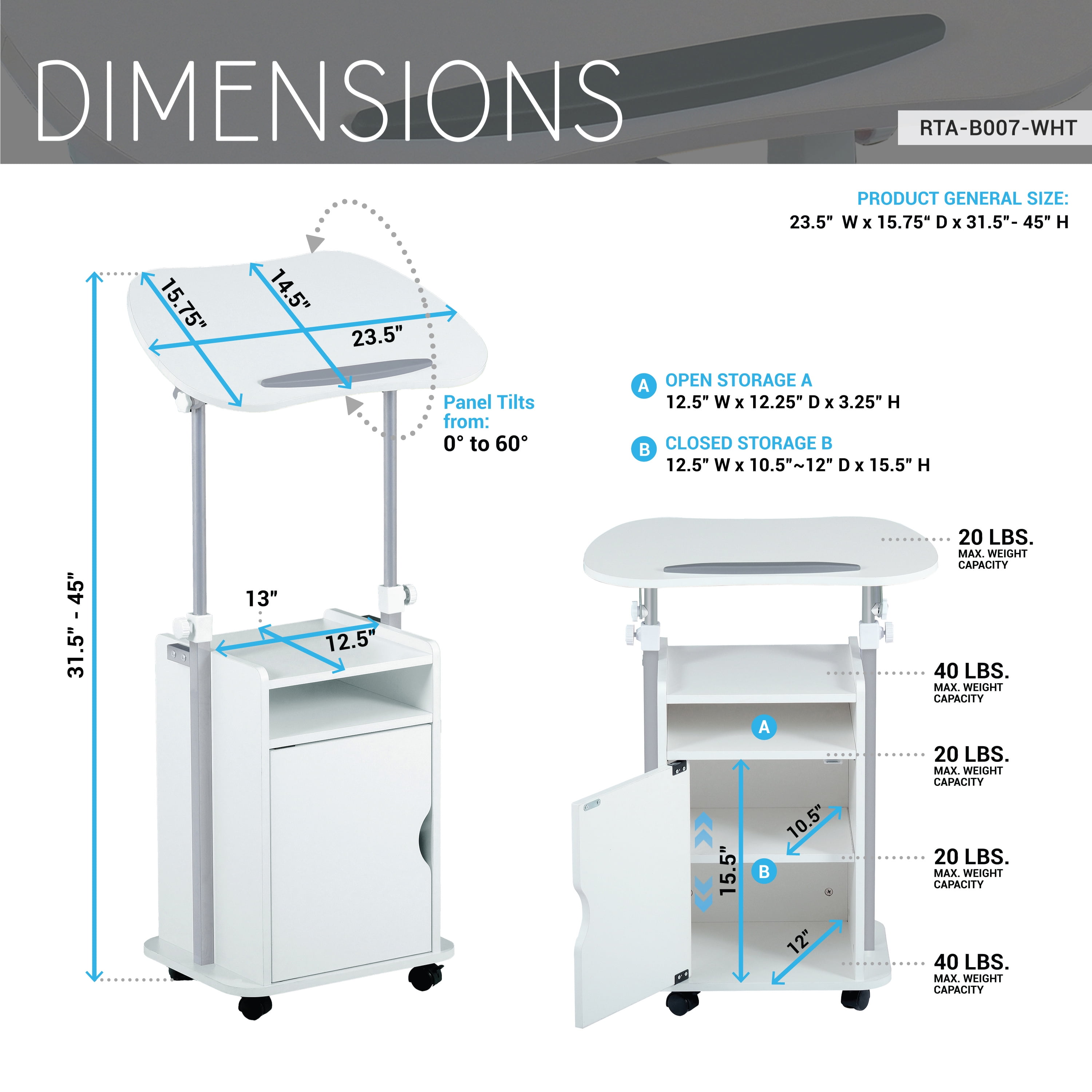 Sit-to-Stand Rolling Height Adjustable Laptop Cart with Closed Cabinet & Open Storage Shelf, Lockable Casters Ergonomic Mobile Standing Desk Podium for Home Office Classroom Bedside