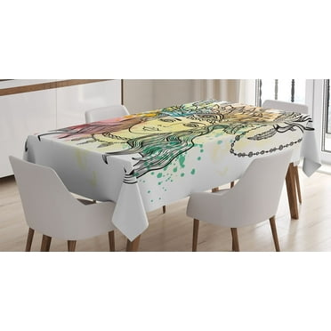 Ambesonne Occult Tablecloth Rectangular Table Cover, Female Shaman Feathers, 60"x84", Multicolor