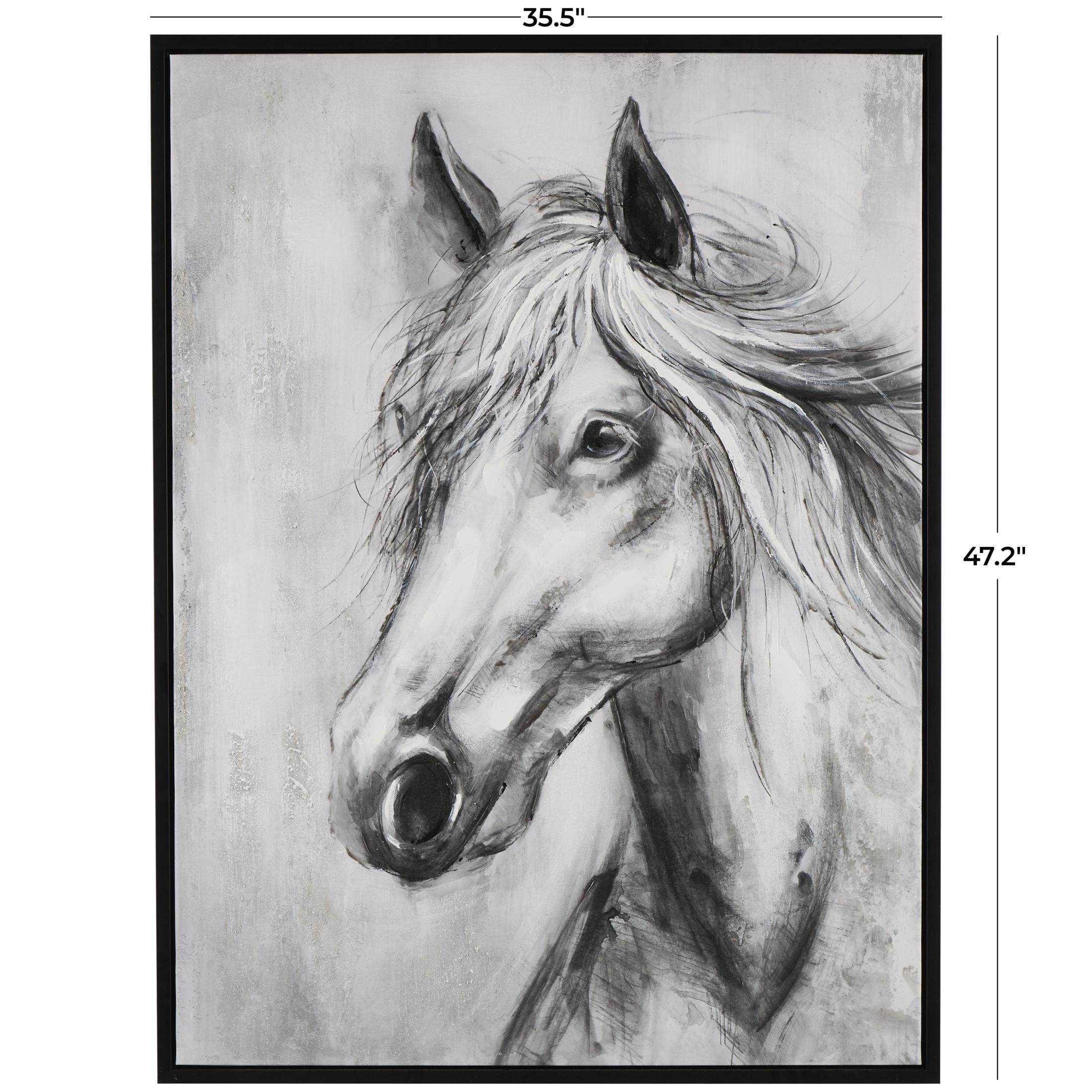 36" x 47" Hand Drawn Inspired Shaded Horse Framed Wall Art with White Background, by DecMode
