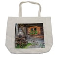 thumbnail image 1 of Shutters Shopping Bag, Weathered Window with Flowers in Pot Wheels Farmhouse Rural Scene Front View, Eco-Friendly Reusable Bag for Groceries Beach and More, 15.5" X 14.5", Cream, by Ambesonne, 1 of 2