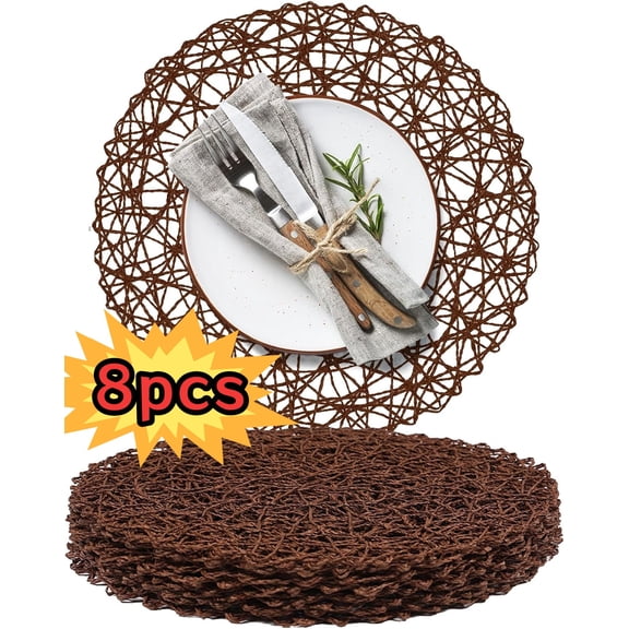 Round Woven Placemats Set of 8, 12.99" Paper Braided Non-Slip Heat Resistant Table Mats for Dining, Brown