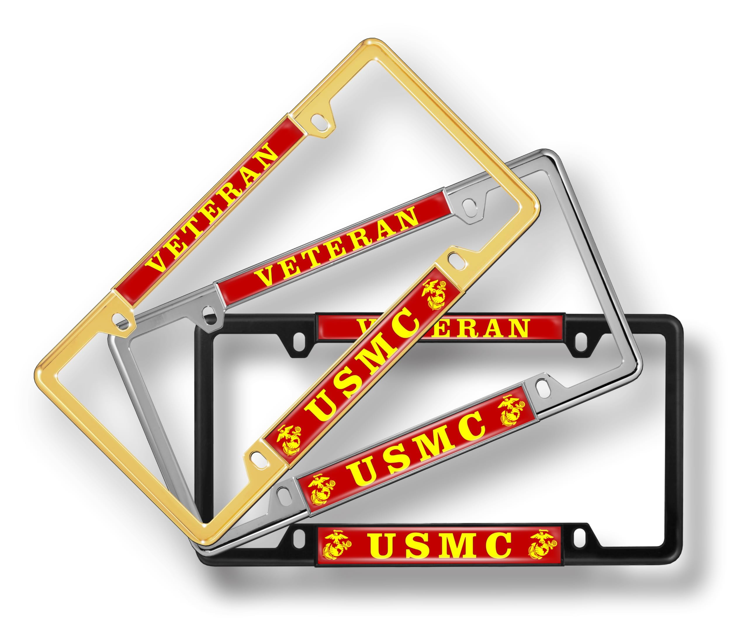[Officially Licensed US Marine Corps Product] - Veteran USMC with EGA Emblem - Domed Custom-Made Personalized Thin Top 4-Hole Metal Car License Plate Frame with Free caps - Black Frame (Qty: 1)