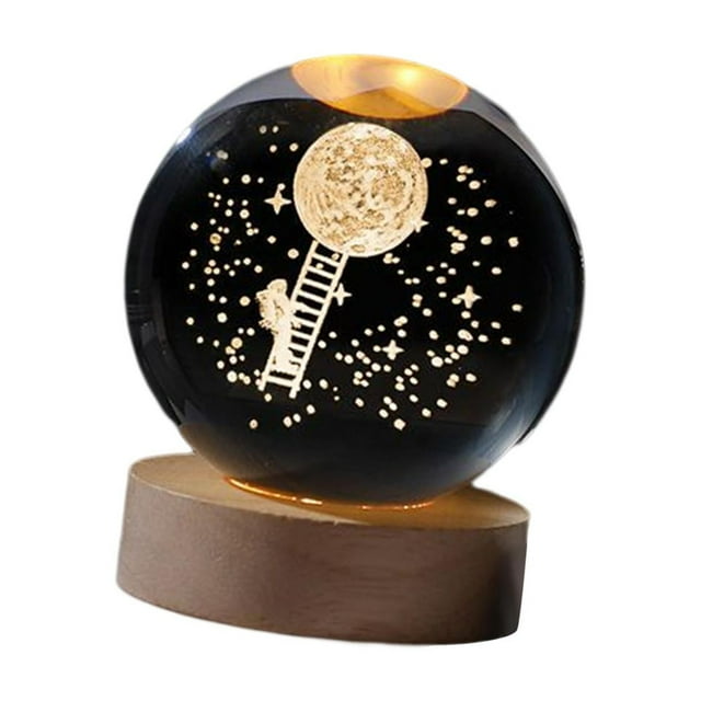 Lámpara de noche con bola de cristal 3D, luz de noche, base de madera, decorativa Luna
