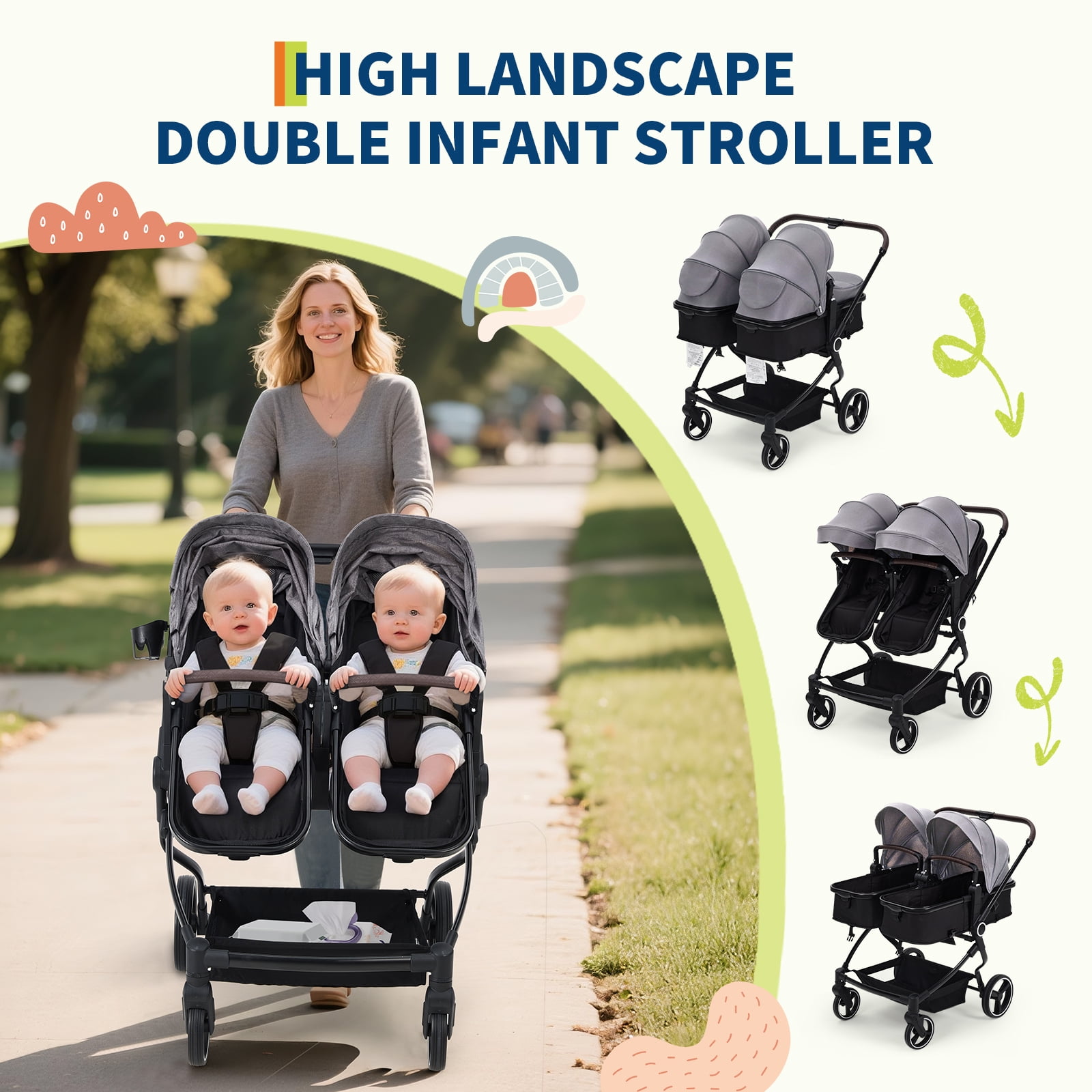 Roromall Side by Side Double Stroller for Twins, Adjustable Compact Folding Baby Travel Stroller with High Landscape Seat, Lightweight Canopy & Recline for Infant and Toddler