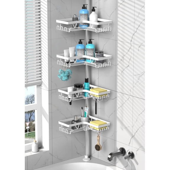 YIGII Shower Caddy Tension Pole Corner - Stainless Steel Bathroom Organizer White Tension Rod Shower Shelves for Tub (25-114.2inch)